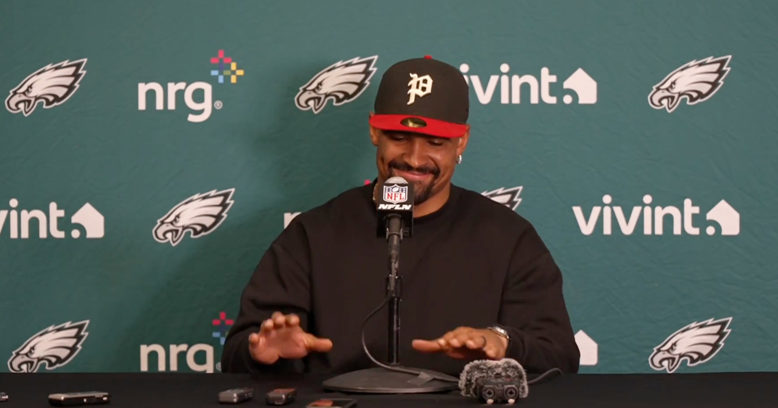 Philadelphia Eagles QB Jalen Hurts speaks to media following Week 7 win over Minnesota Vikings